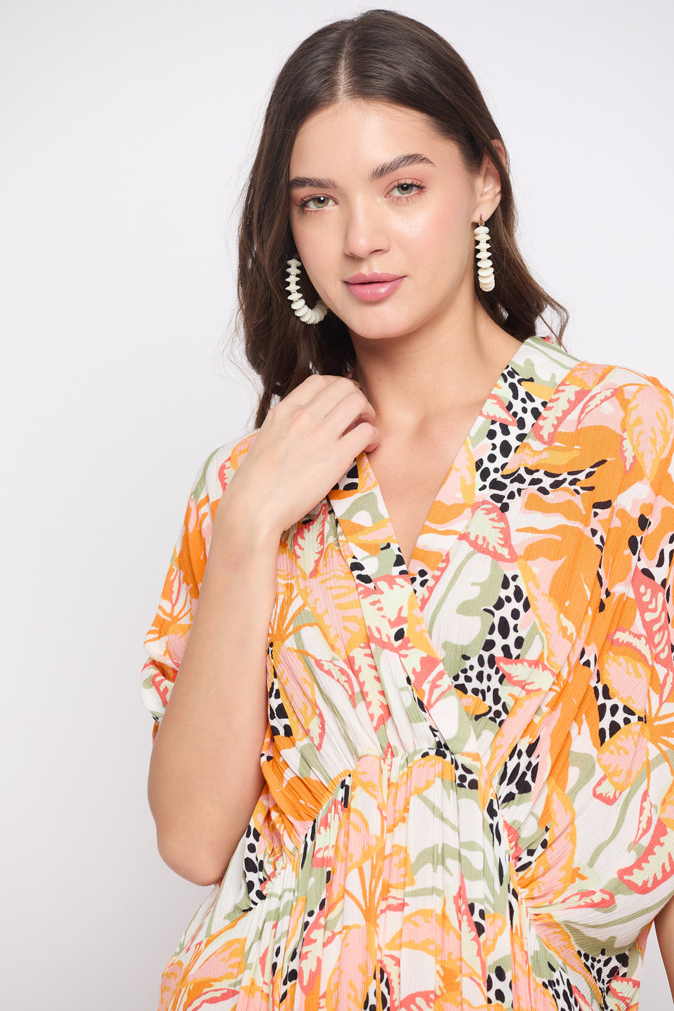 Tropical Print Orange Rayon Crepe Trendy Kaftan For Women