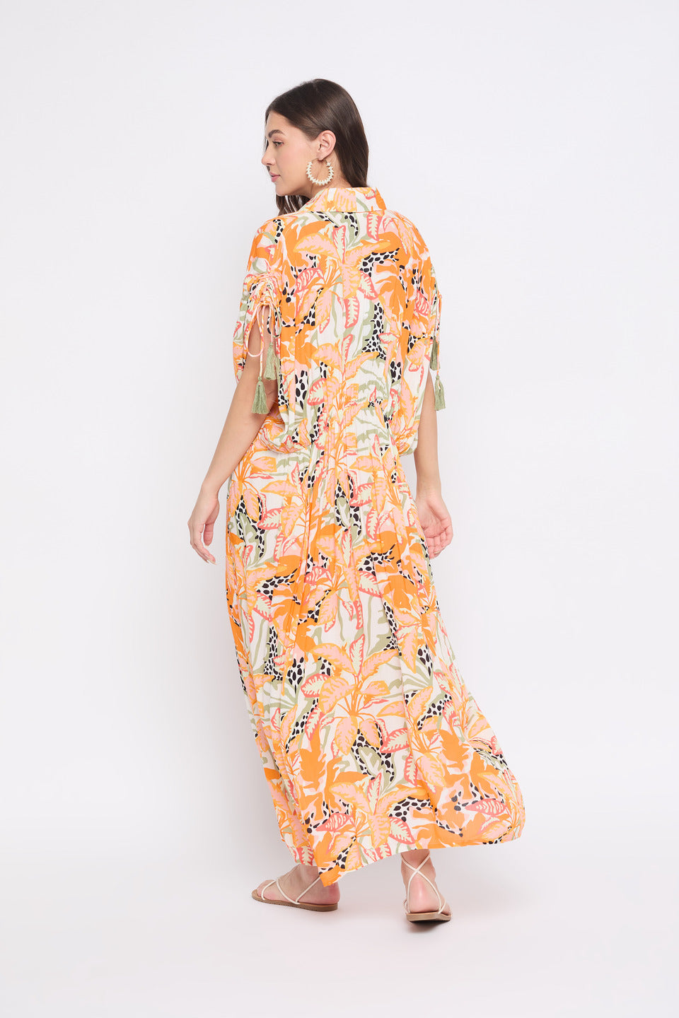 Tropical Print Orange Rayon Crepe Trendy Kaftan For Women
