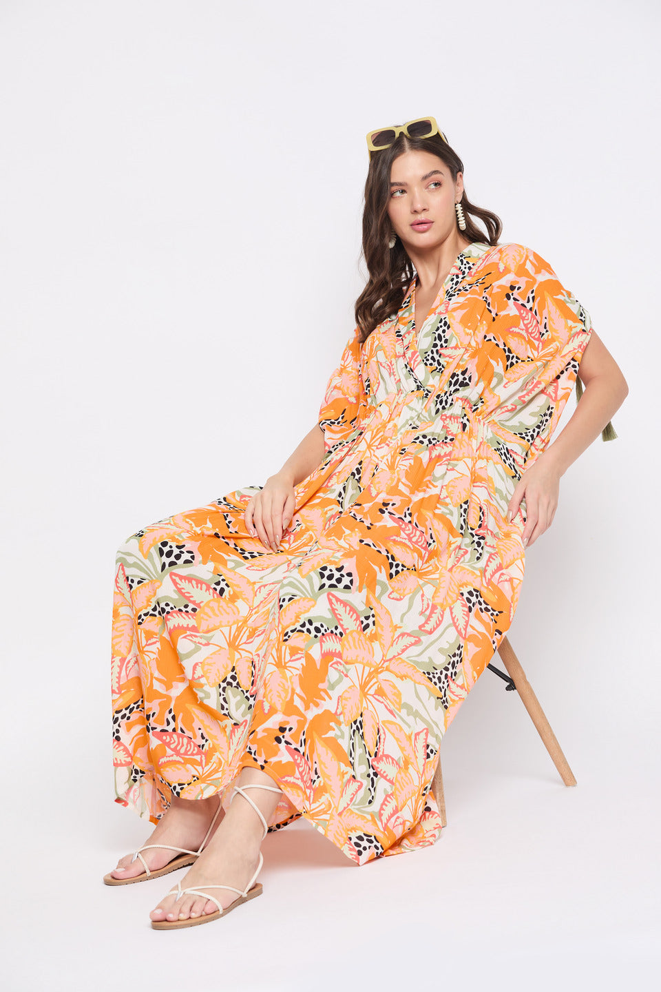 Tropical Print Orange Rayon Crepe Trendy Kaftan For Women