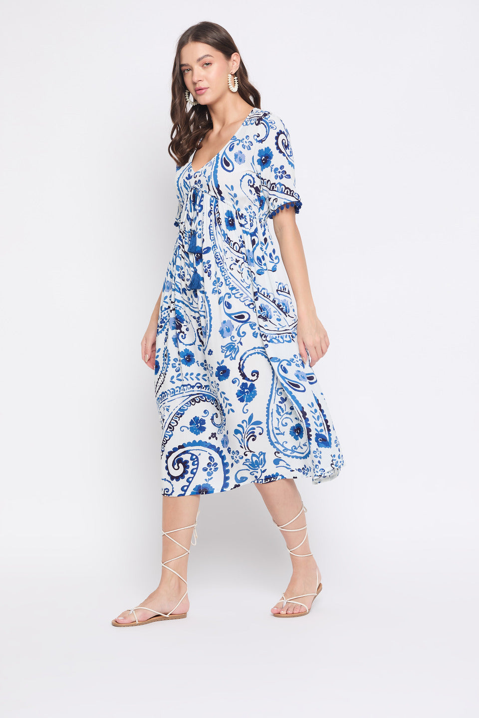 Paisley Floral Blue And White Rayon Casual Midi Dress For Women