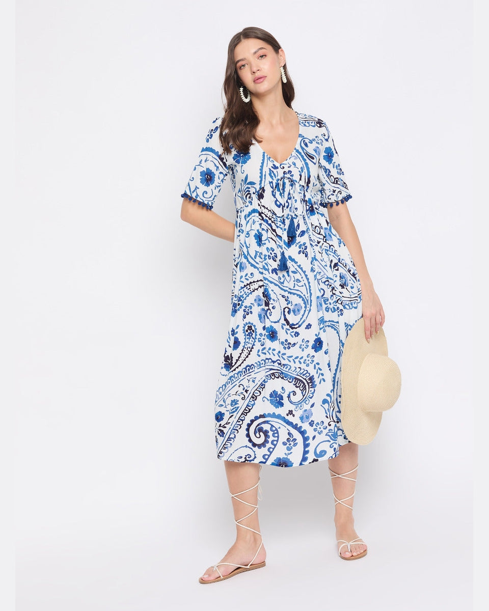 Paisley Floral Blue And White Rayon Casual Midi Dress For Women