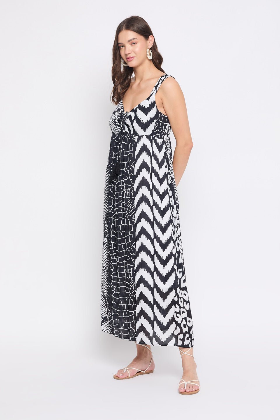 White And Black Geometric Print Rayon Holiday Maxi Dress For Women