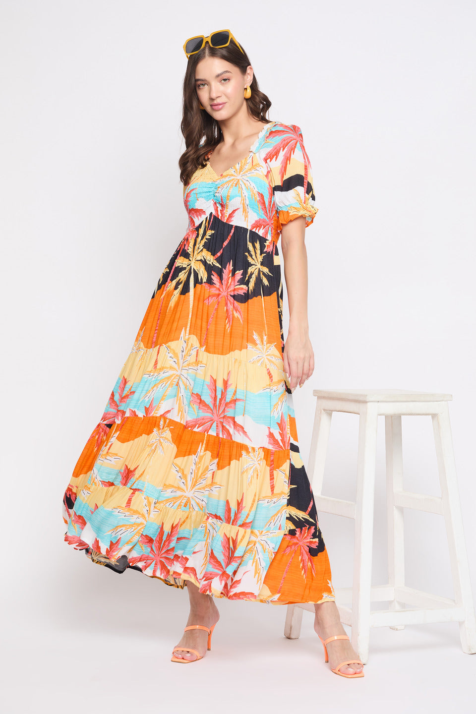 Beach Theme Multicolor Rayon Crepe Maxi Dress For Women