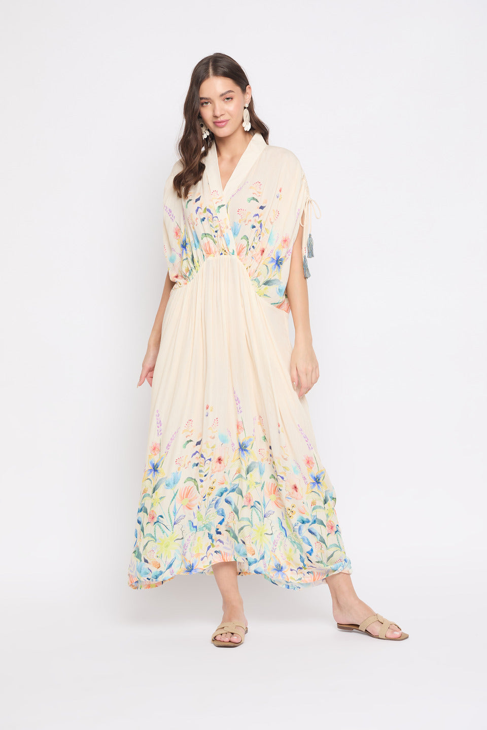 Beige Floral Print Rayon Crepe Maxi Length Kaftan For Women