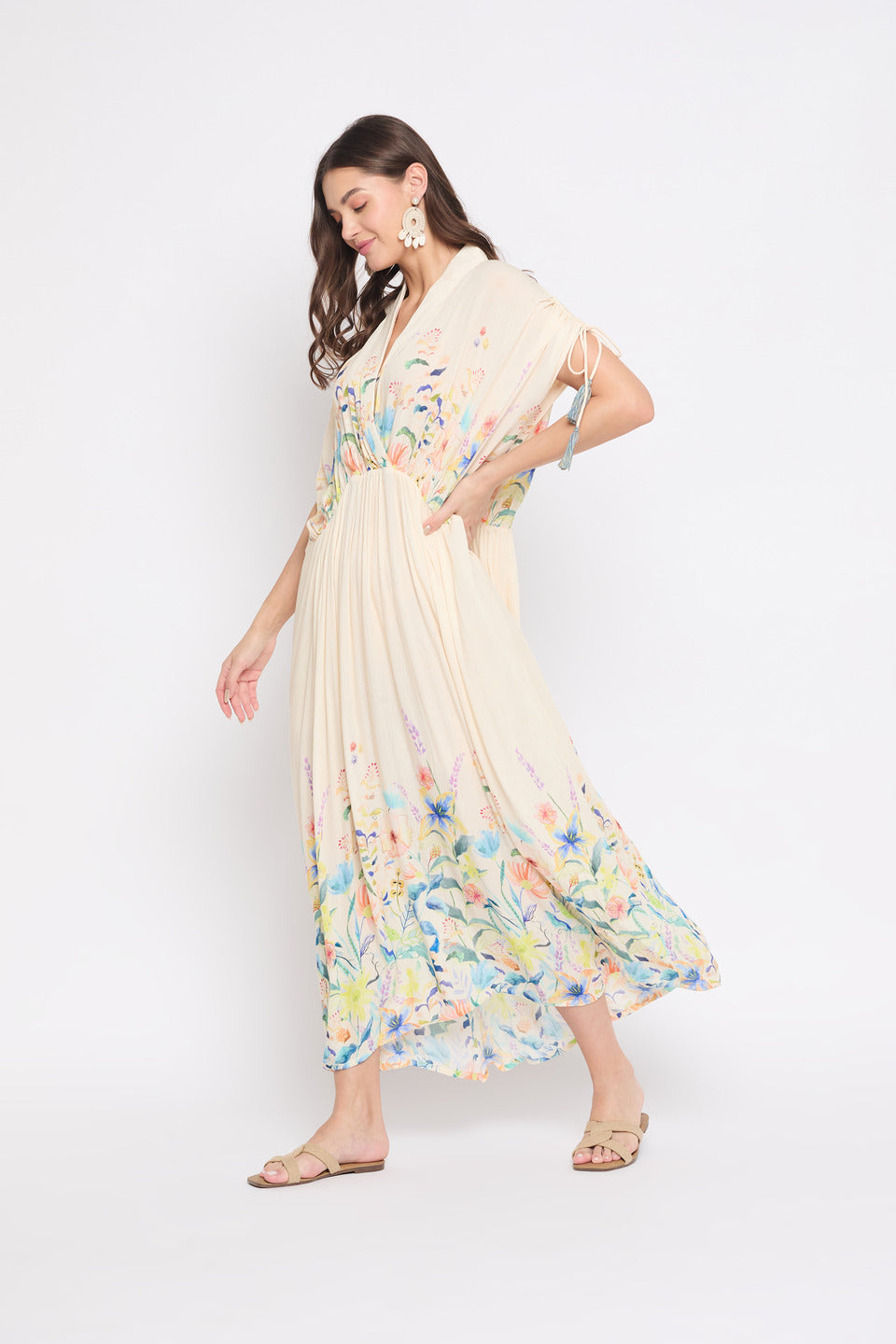 Beige Floral Print Rayon Crepe Maxi Length Kaftan For Women