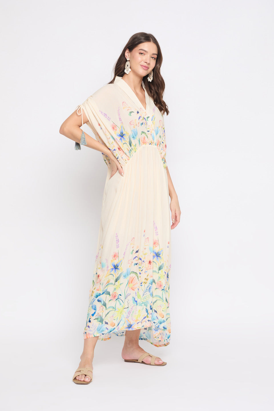 Beige Floral Print Rayon Crepe Maxi Length Kaftan For Women