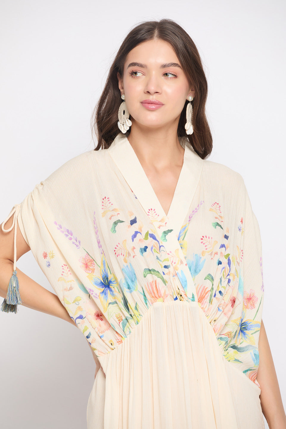 Beige Floral Print Rayon Crepe Maxi Length Kaftan For Women