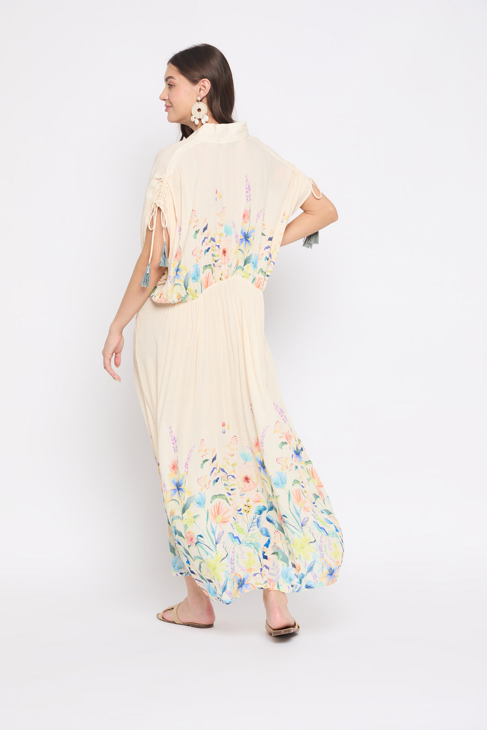 Beige Floral Print Rayon Crepe Maxi Length Kaftan For Women