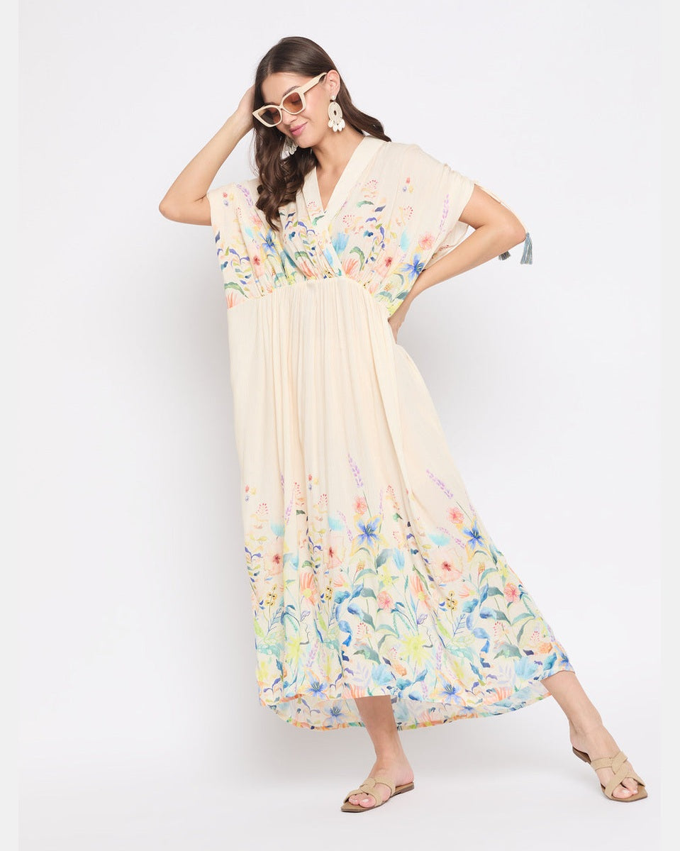 Beige Floral Print Rayon Crepe Maxi Length Kaftan For Women