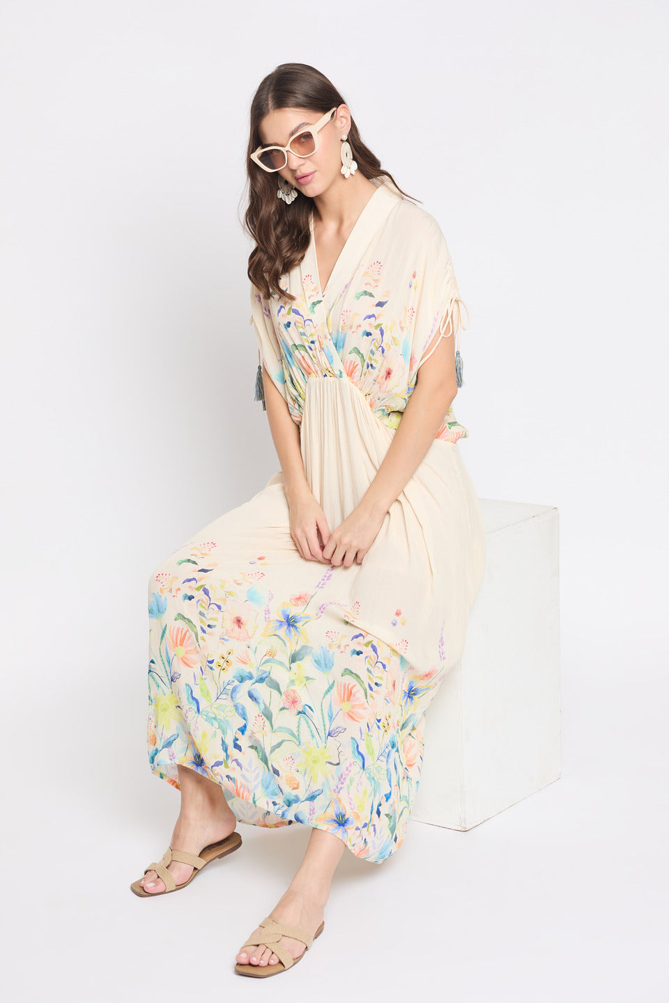 Beige Floral Print Rayon Crepe Maxi Length Kaftan For Women