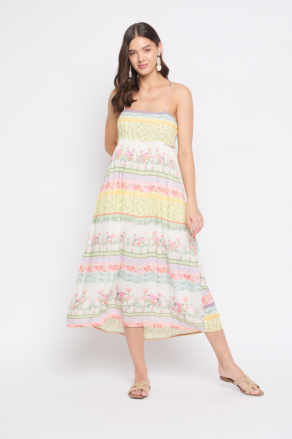 Floral Printed White Rayon Crepe Halter Neck Midi Dress For Women