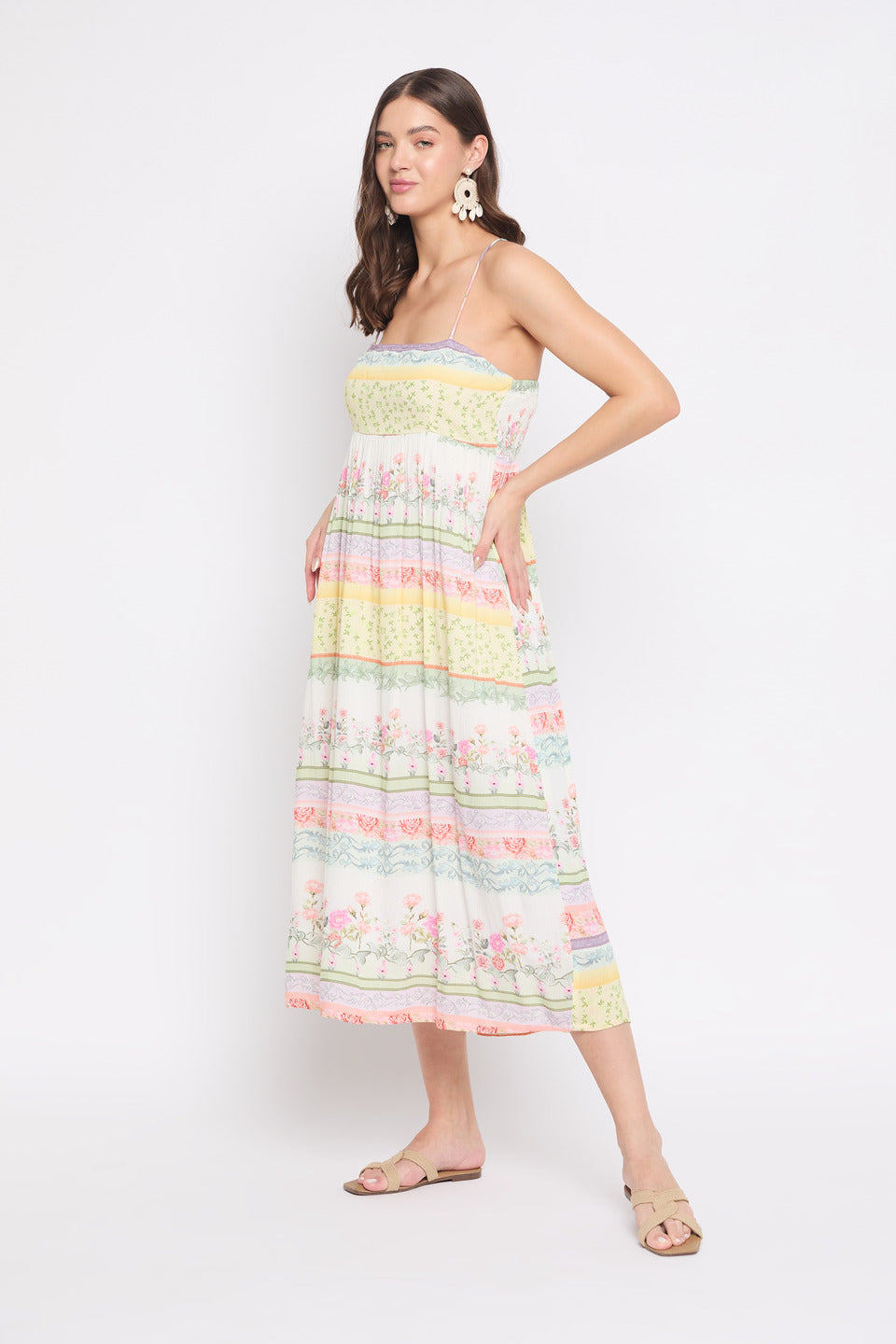 Floral Printed White Rayon Crepe Halter Neck Midi Dress For Women