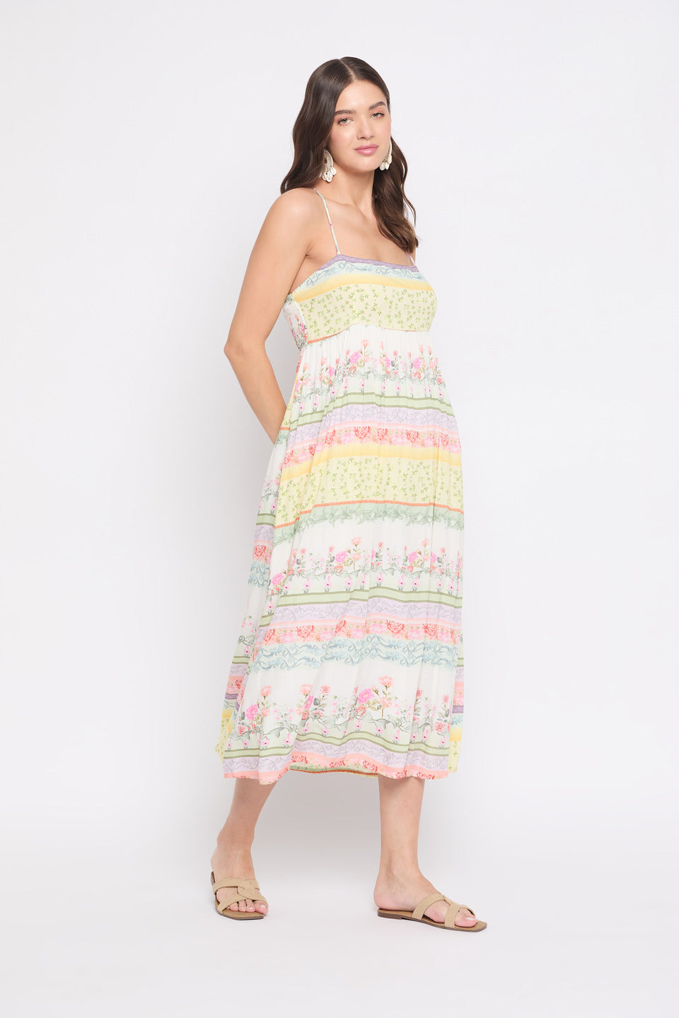 Floral Printed White Rayon Crepe Halter Neck Midi Dress For Women