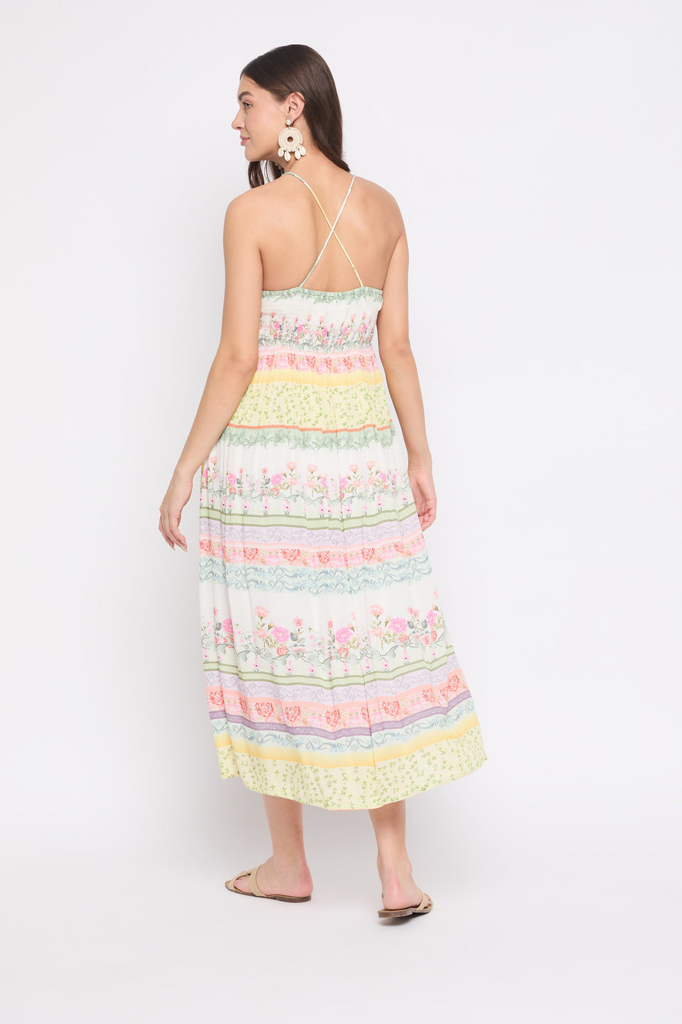 Floral Printed White Rayon Crepe Halter Neck Midi Dress For Women