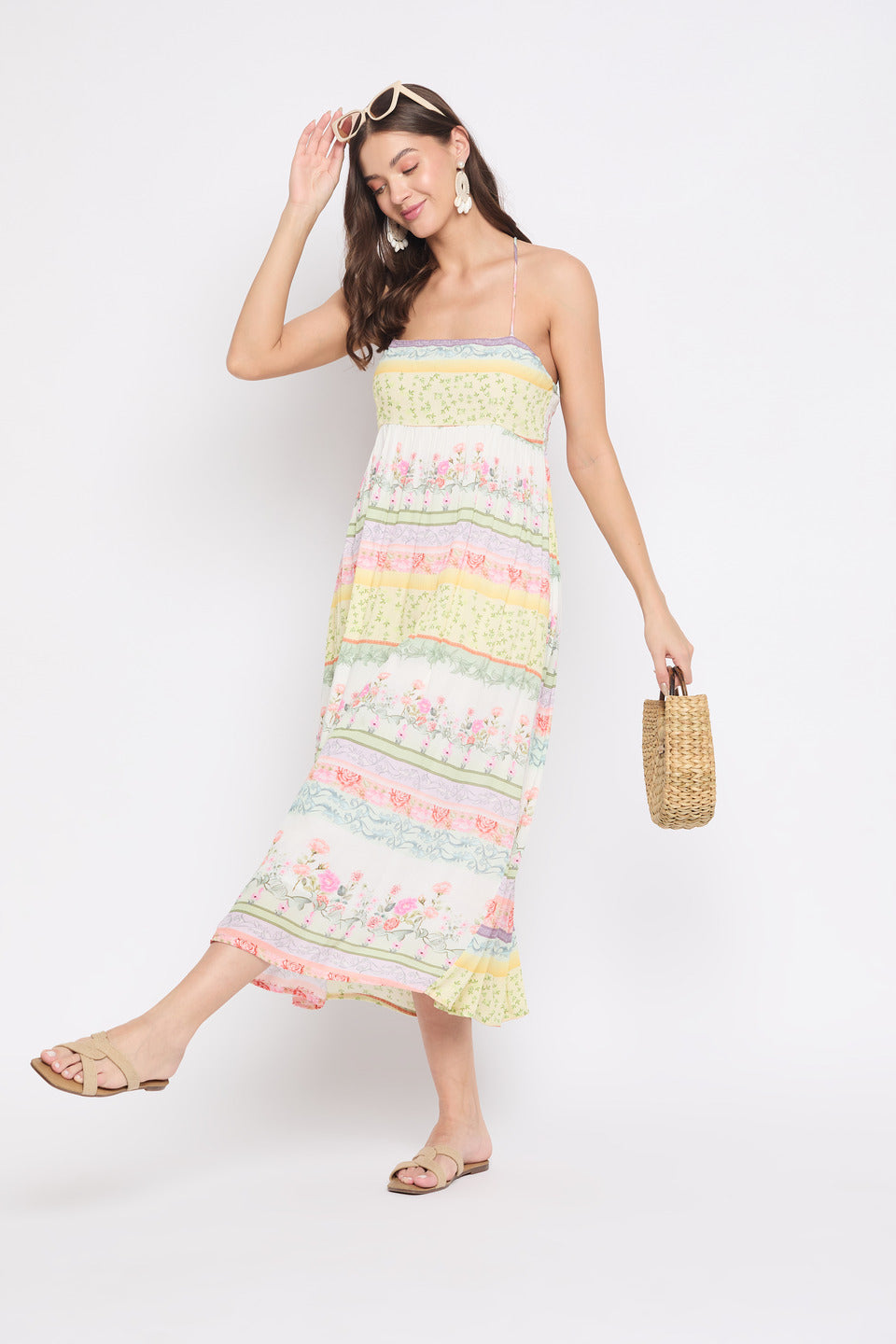 Floral Printed White Rayon Crepe Halter Neck Midi Dress For Women