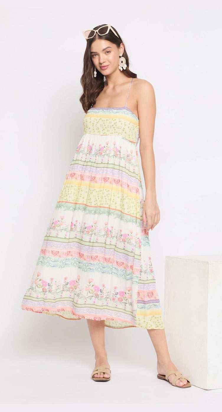 White Floral Rayon Crepe Halter Neck Midi Dress for Women Casual Wear - S M L XL - SKU DRS-9122 S - Gypsie Blu