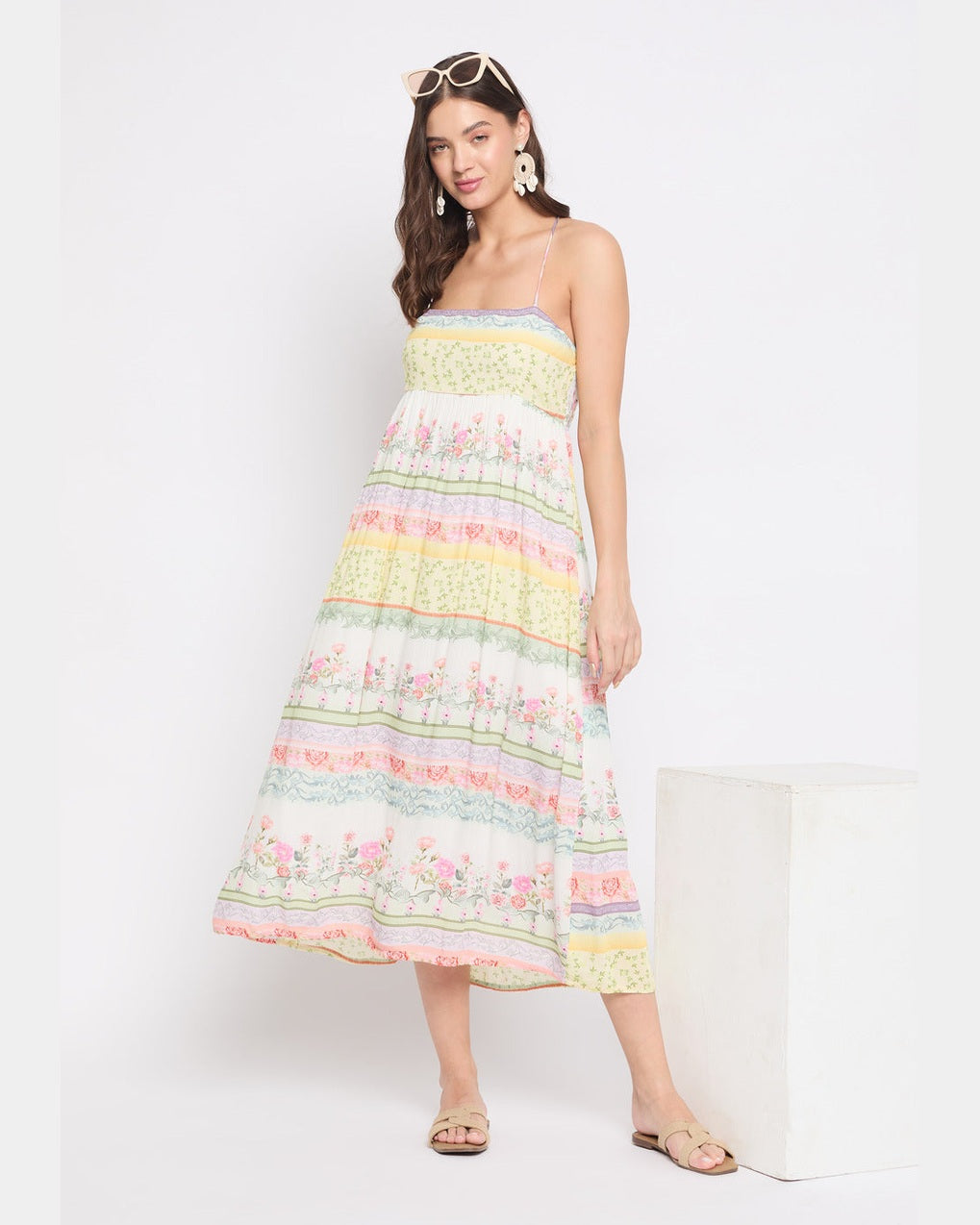 White Floral Print Rayon Crepe Halter Neck Midi Dress
