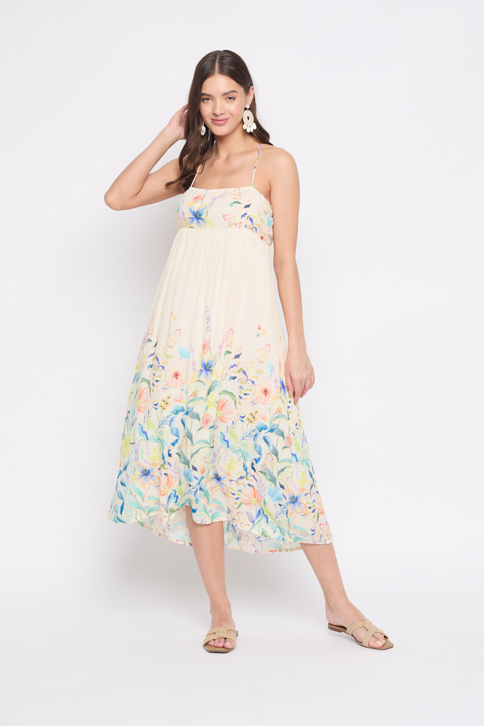Off White Floral Print Rayon Crepe Bohemian Midi Dress For Women
