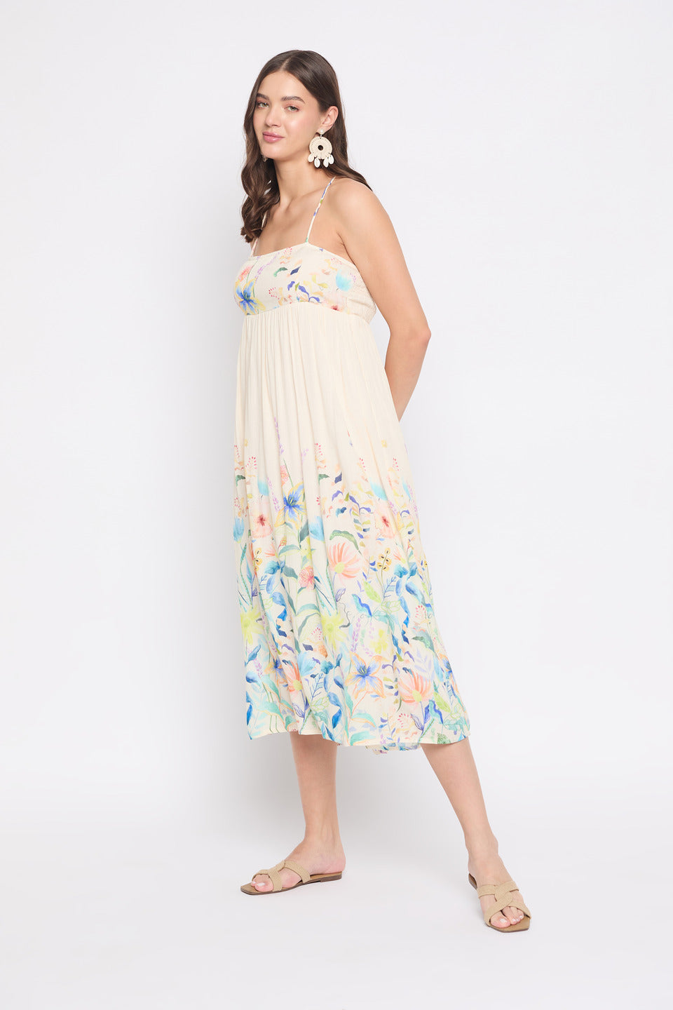 Off White Floral Print Rayon Crepe Bohemian Midi Dress For Women