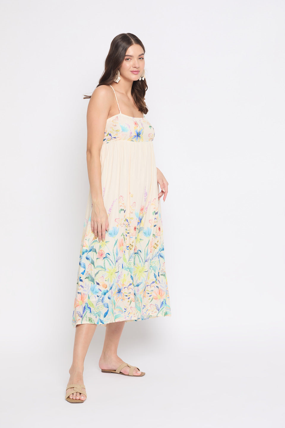 Off White Floral Print Rayon Crepe Bohemian Midi Dress For Women