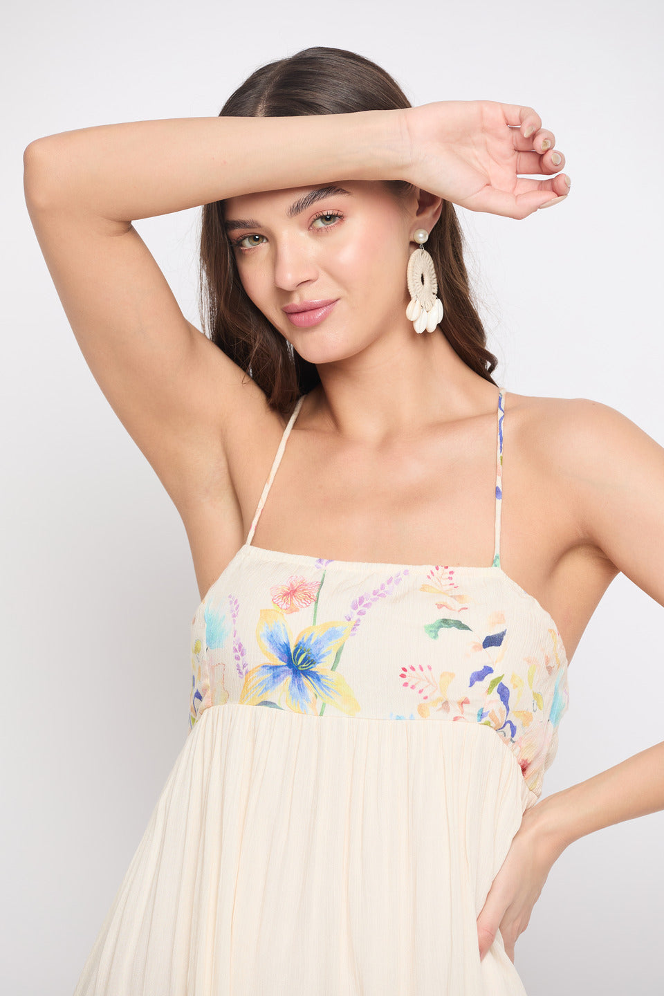 Off White Floral Print Rayon Crepe Bohemian Midi Dress For Women