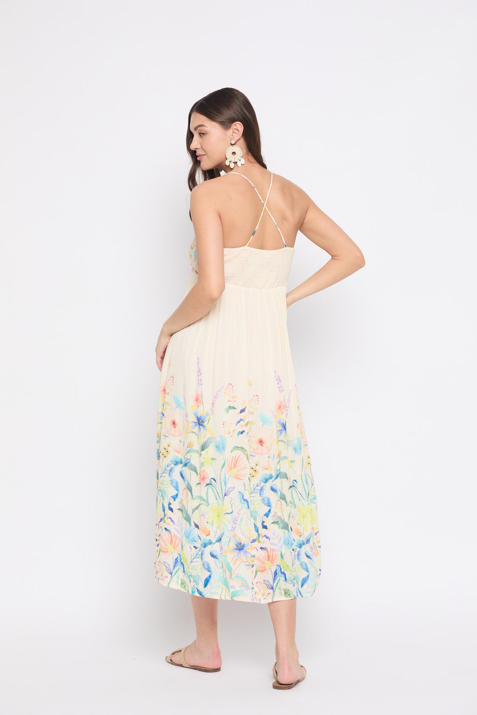 Off White Floral Print Rayon Crepe Bohemian Midi Dress For Women