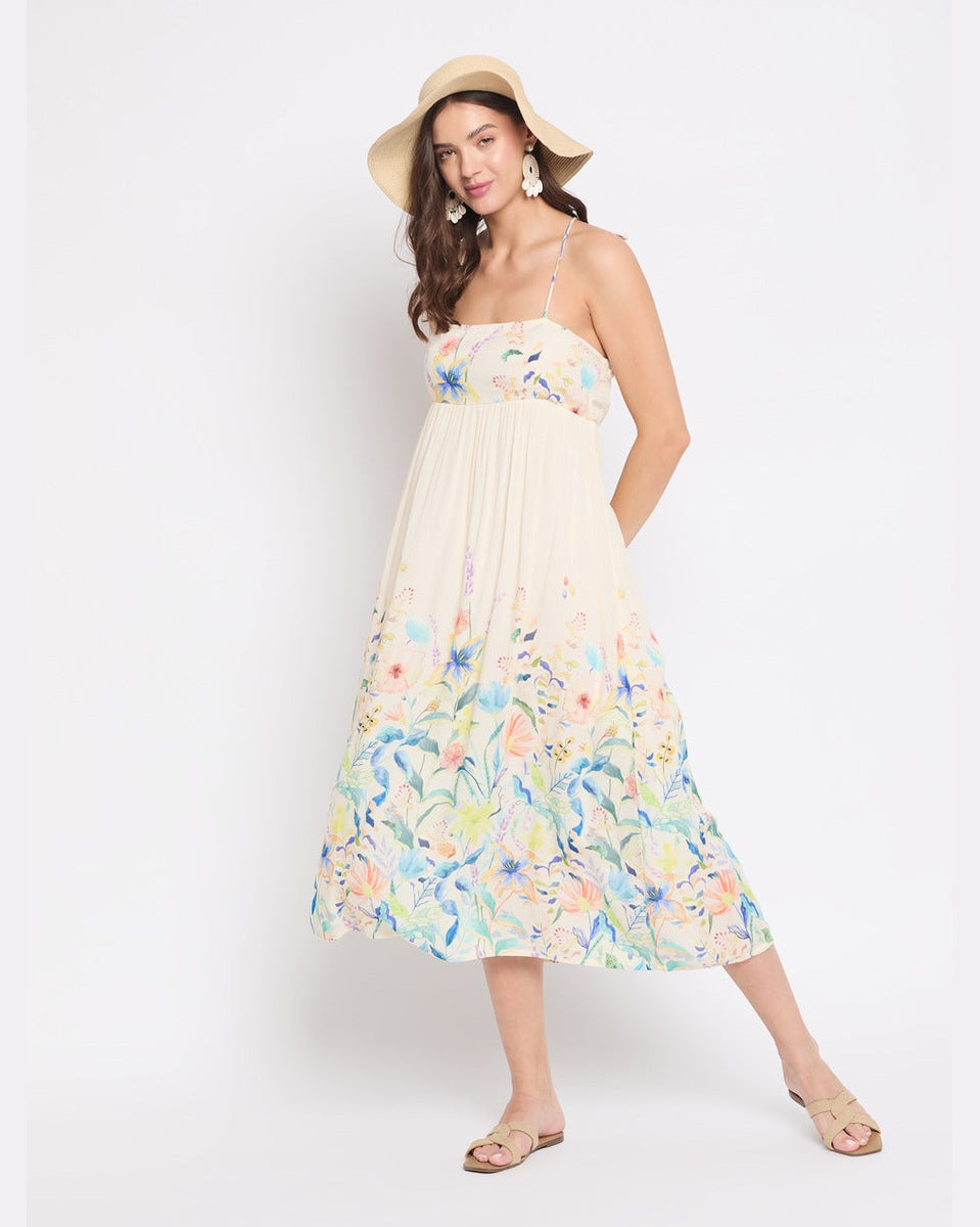 Off White Floral Print Rayon Crepe Bohemian Midi Dress For Women