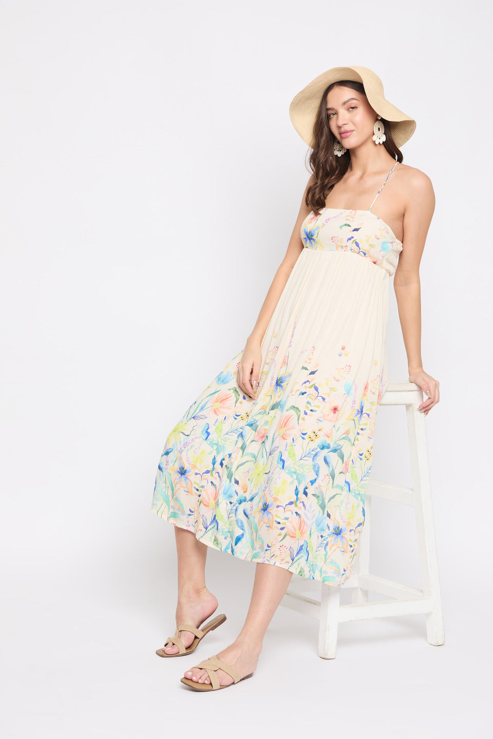 Off White Floral Print Rayon Crepe Bohemian Midi Dress For Women