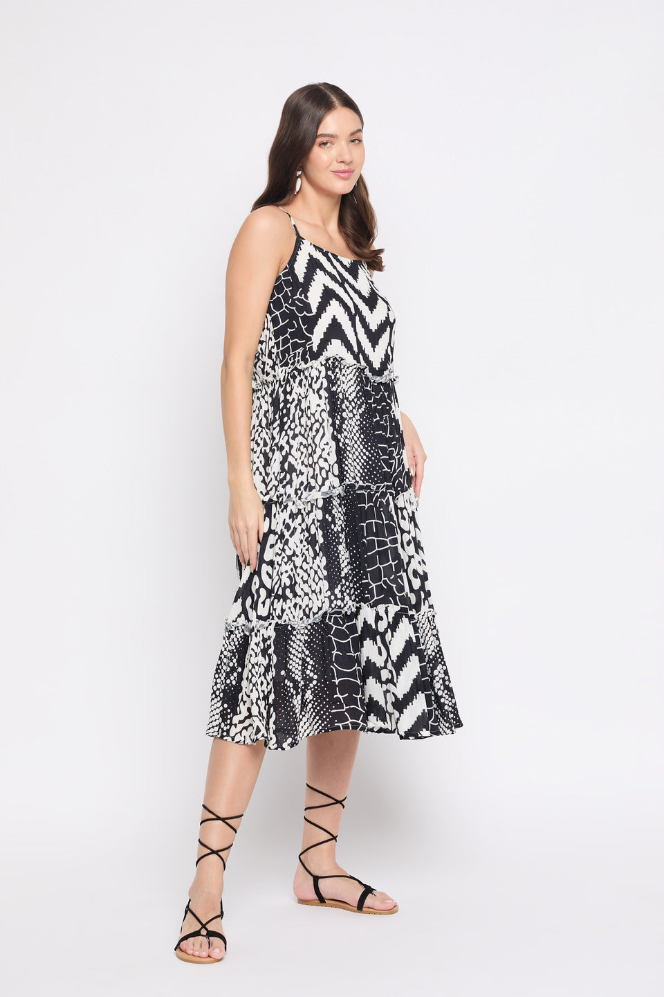 Geometric Print Black And White Rayon A line Midi Dress For Women