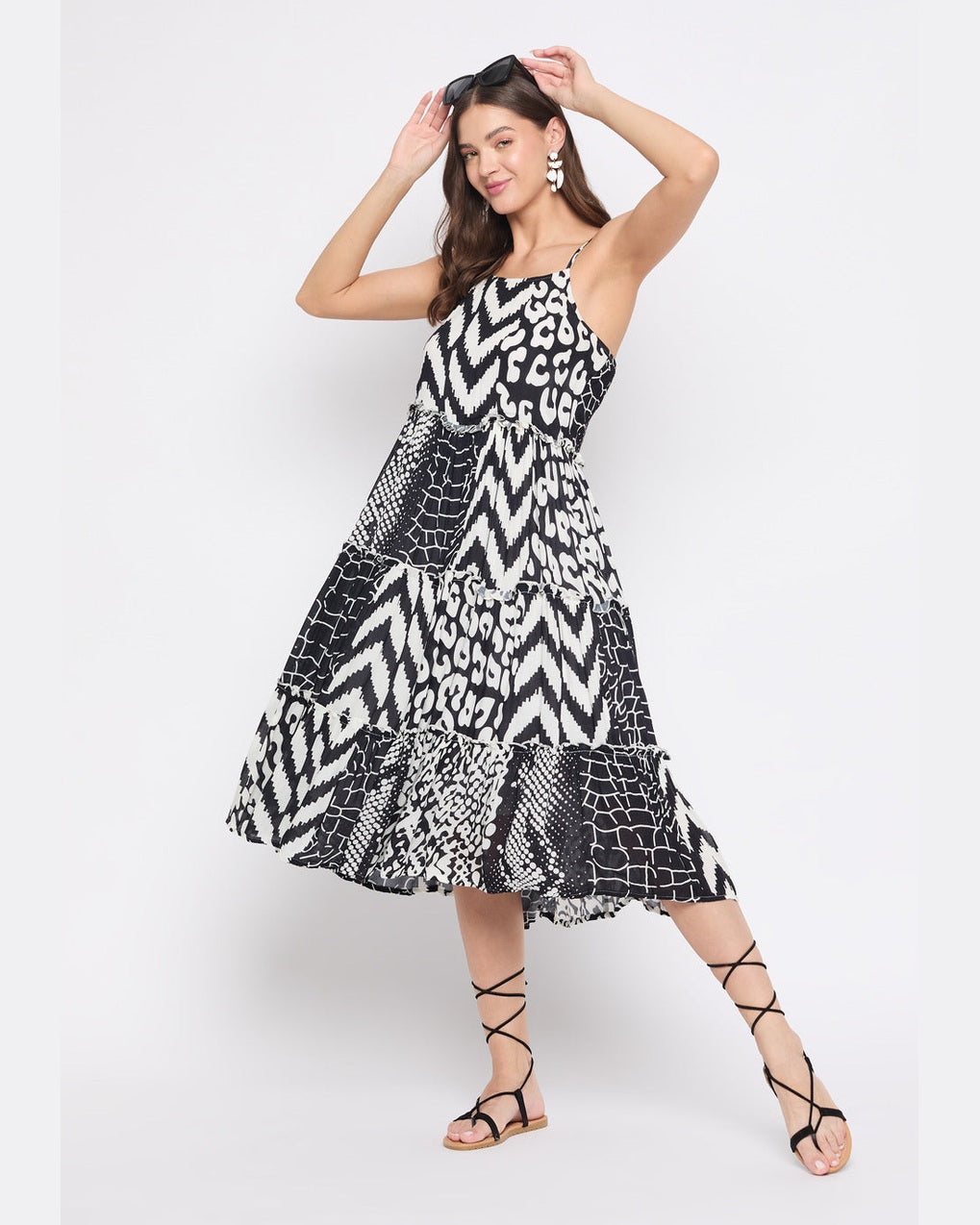 Geometric Print Black And White Rayon A line Midi Dress For Women