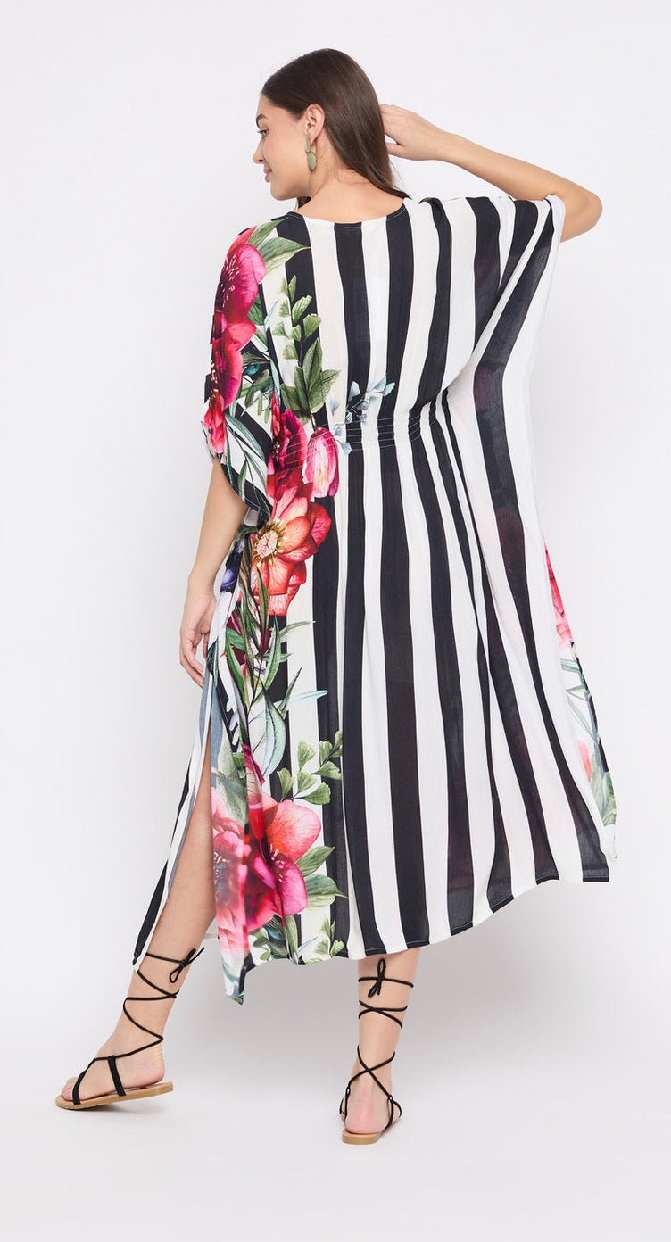Black and white striped plus size kaftan with pink floral panel and V-neck — alternate view