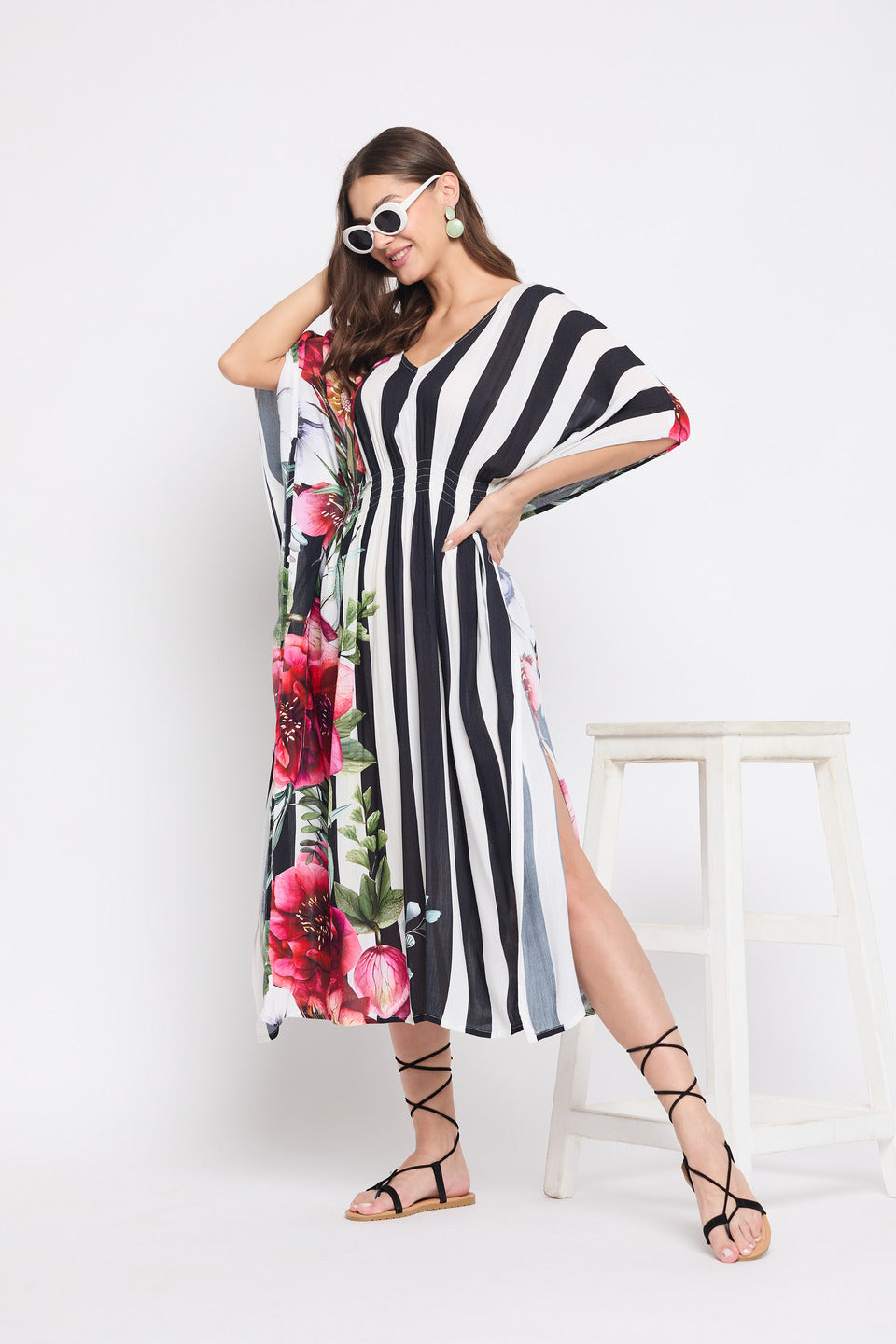 Floral And Striped Printed Multicolor Casual Kaftan Dress For Women