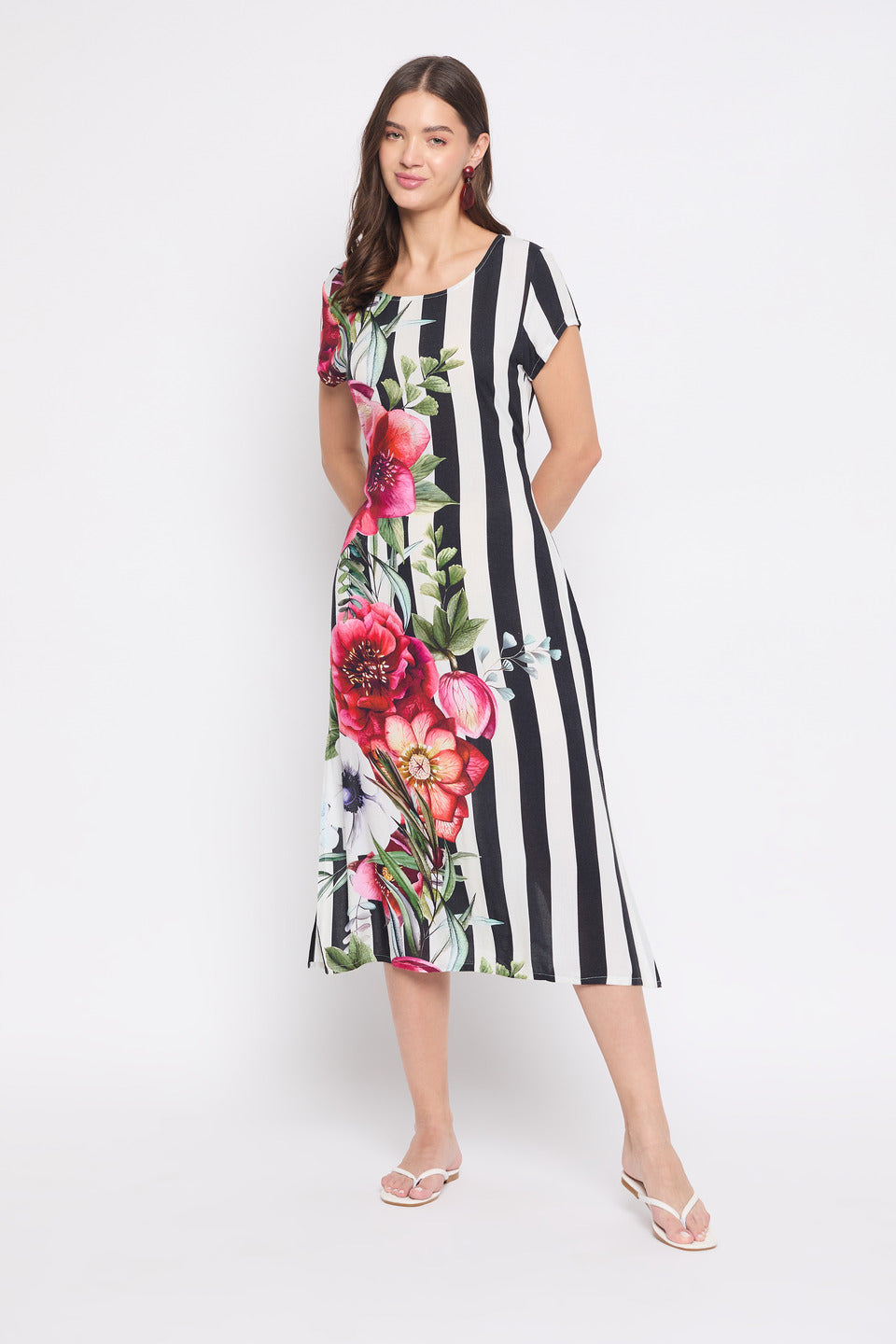 Striped And Floral Print Rayon Crepe A Line Midi Dress for Women