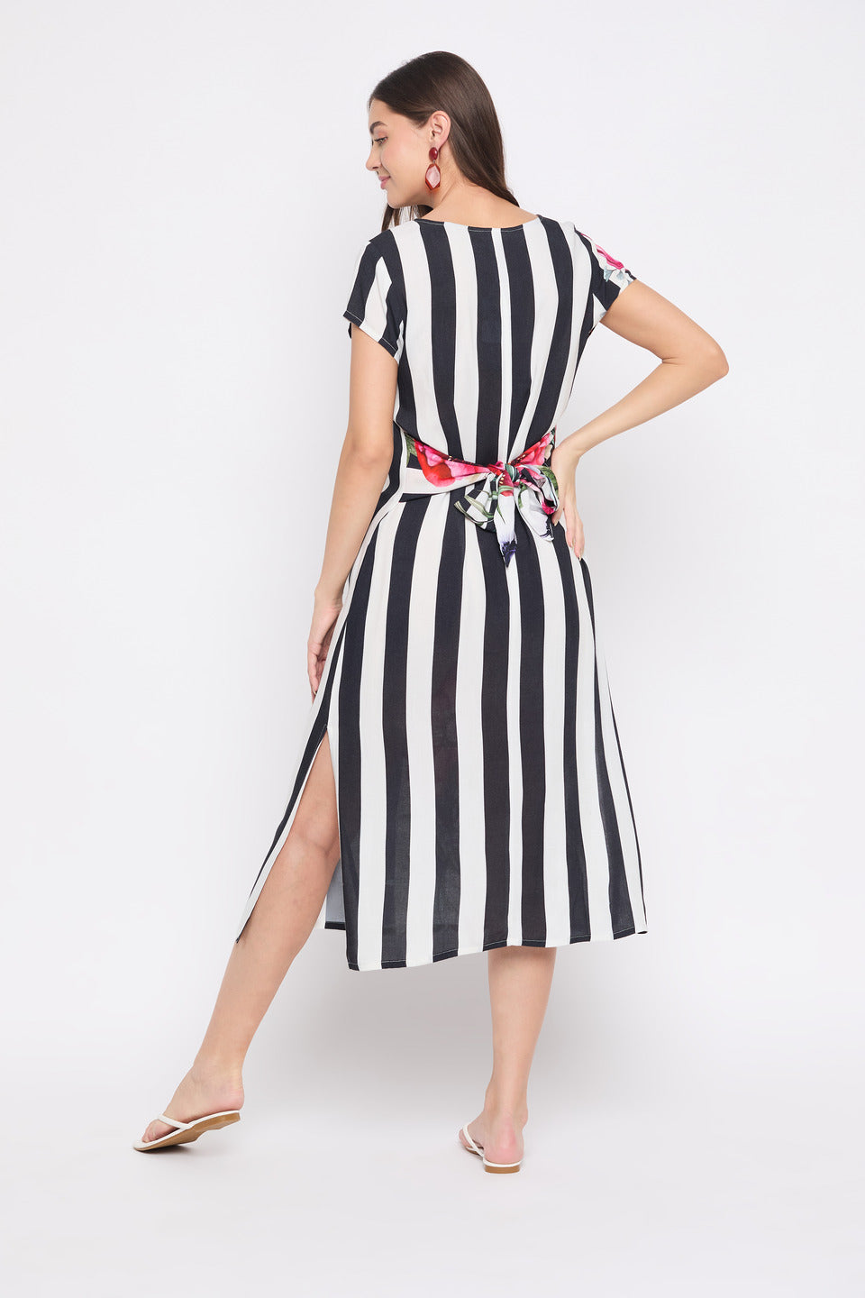 Striped And Floral Print Rayon Crepe A Line Midi Dress for Women