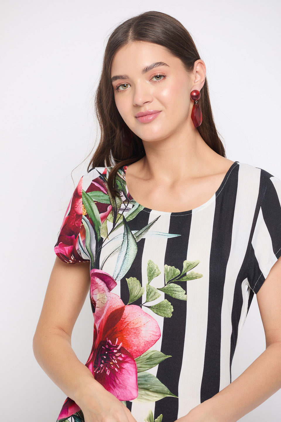 Striped And Floral Print Rayon Crepe A Line Midi Dress for Women