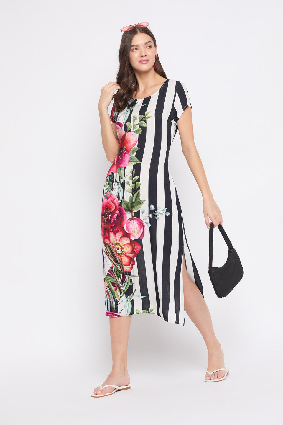 Striped And Floral Print Rayon Crepe A Line Midi Dress for Women