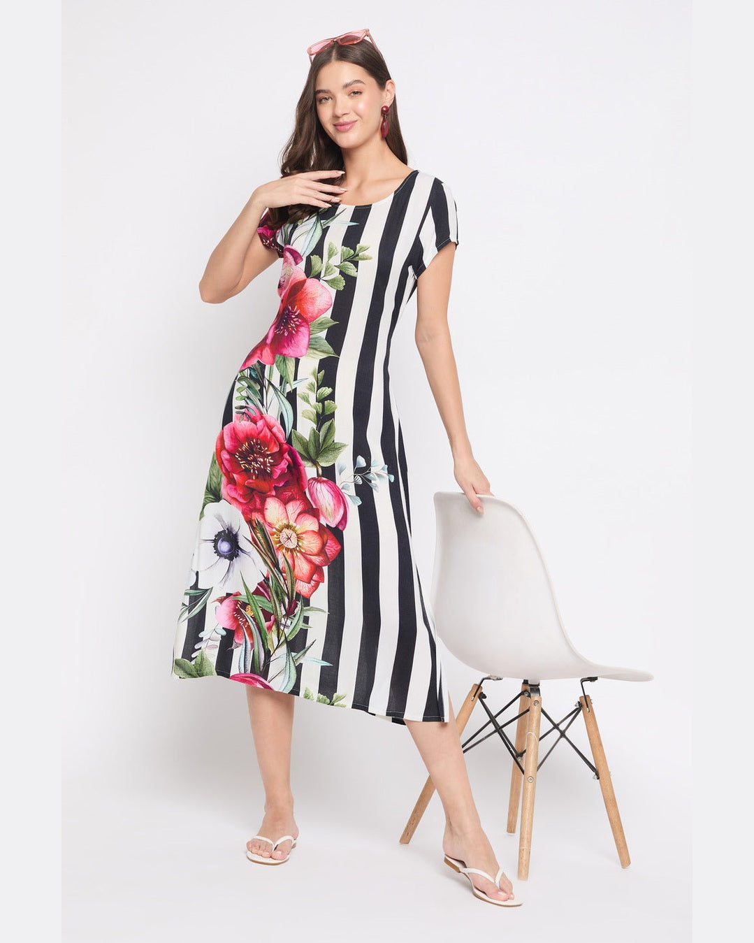 Striped And Floral Print Rayon Crepe A Line Midi Dress for Women