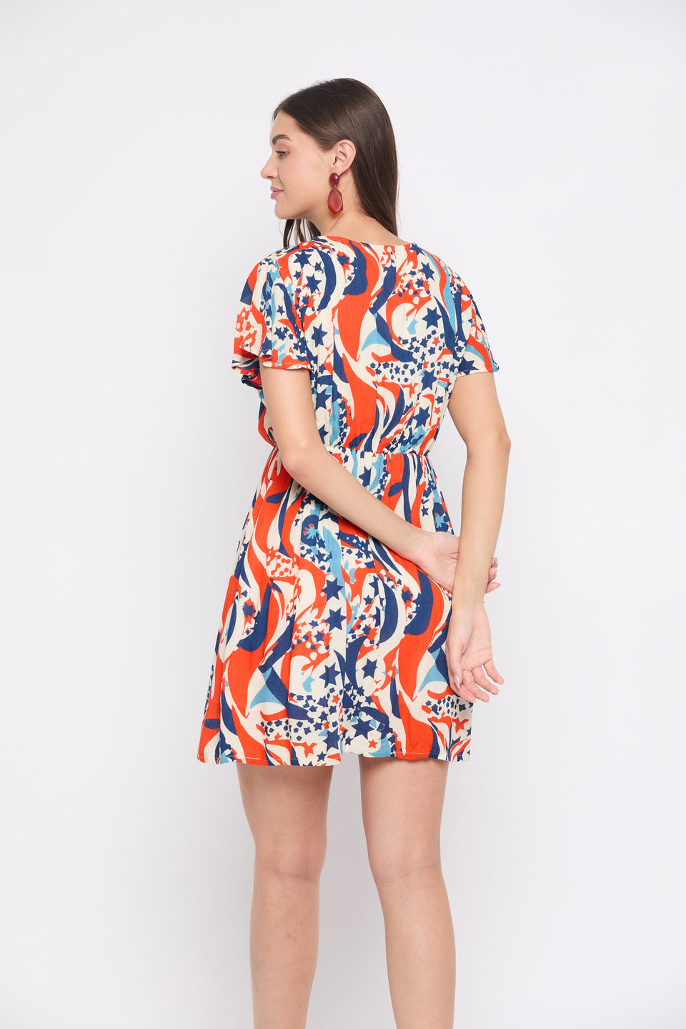 Abstract Multicolor Rayon Crepe Mini Boho Dress For Women