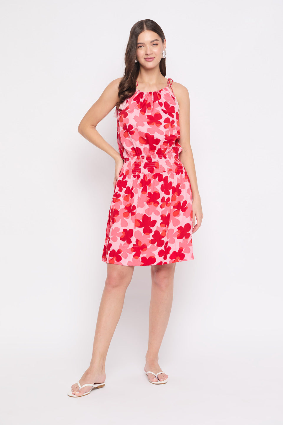 Floral Polyester Red And Pink A line Mini Dress For Women