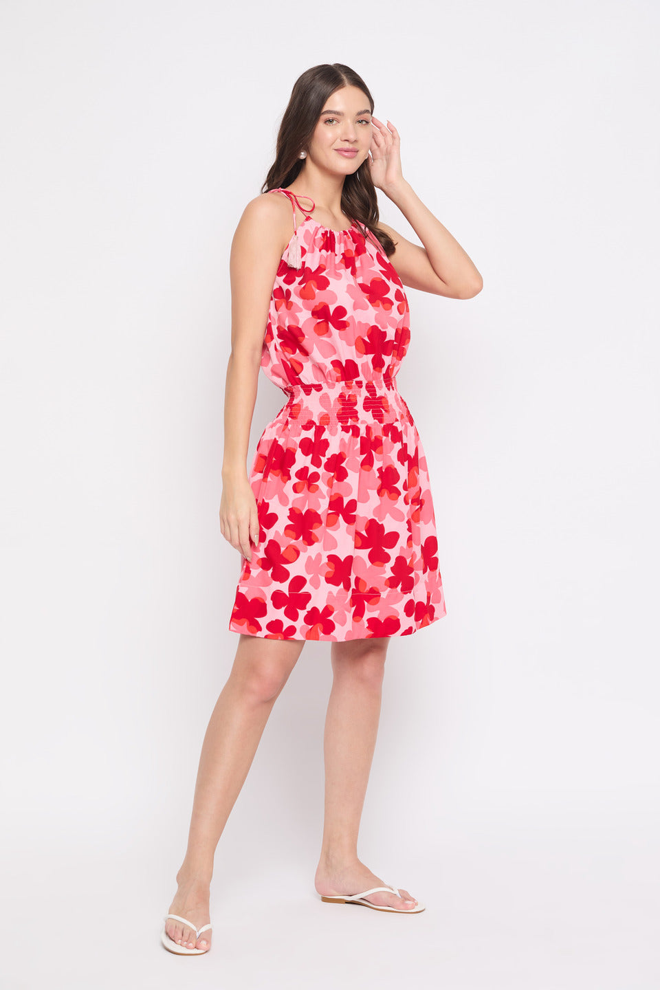 Floral Polyester Red And Pink A line Mini Dress For Women