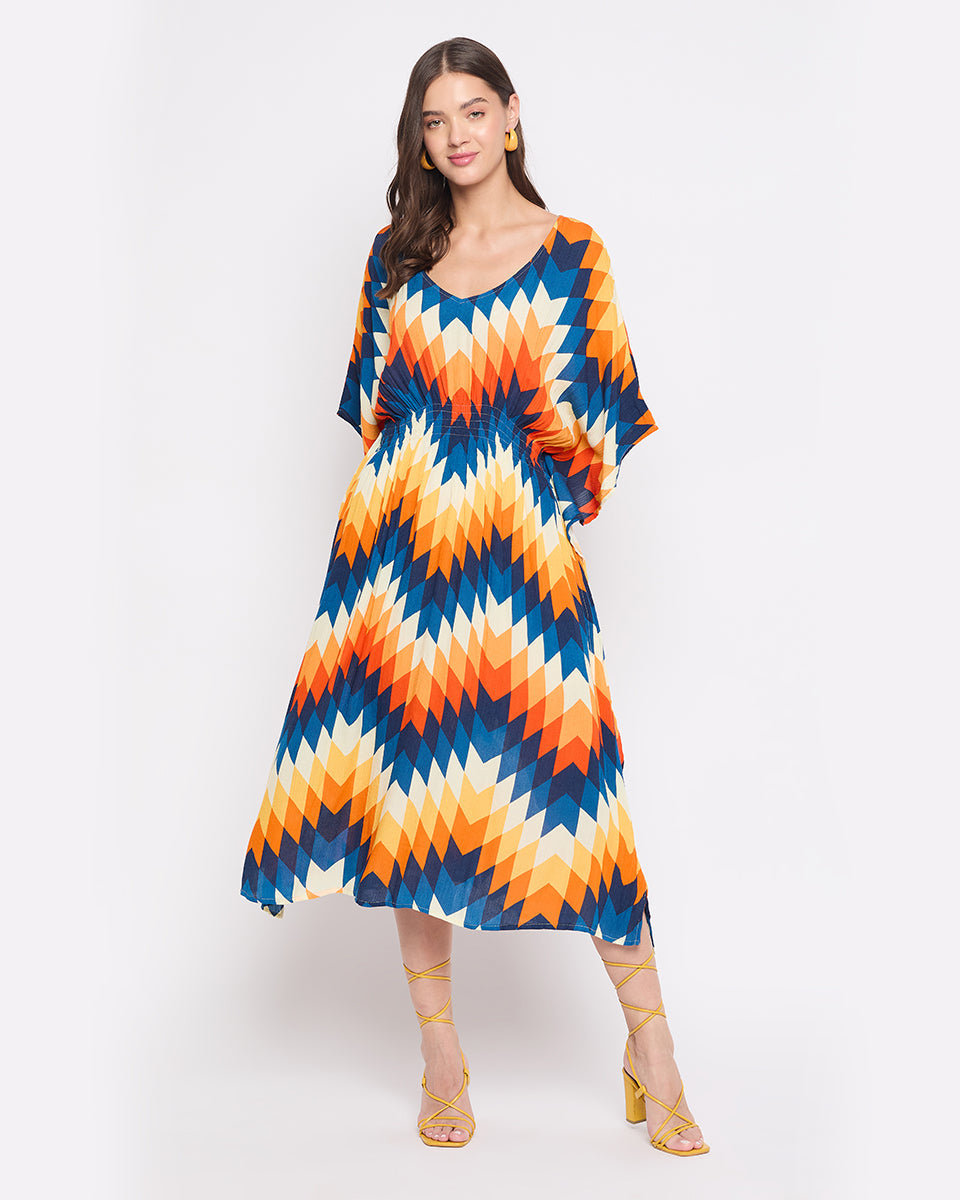 Rayon Crepe Multicolor Abstract Print Kaftan Dress For Women