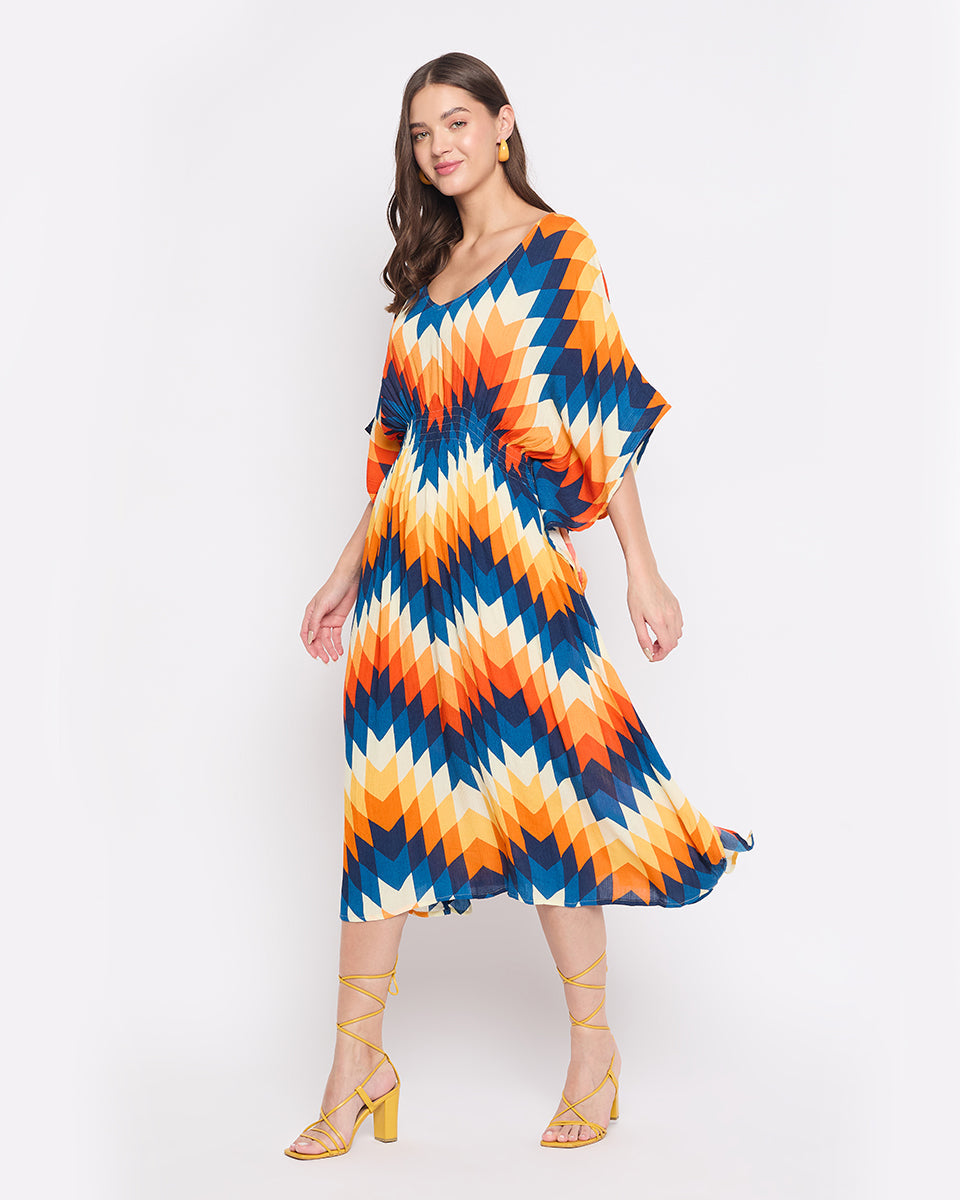 Rayon Crepe Multicolor Abstract Print Kaftan Dress For Women