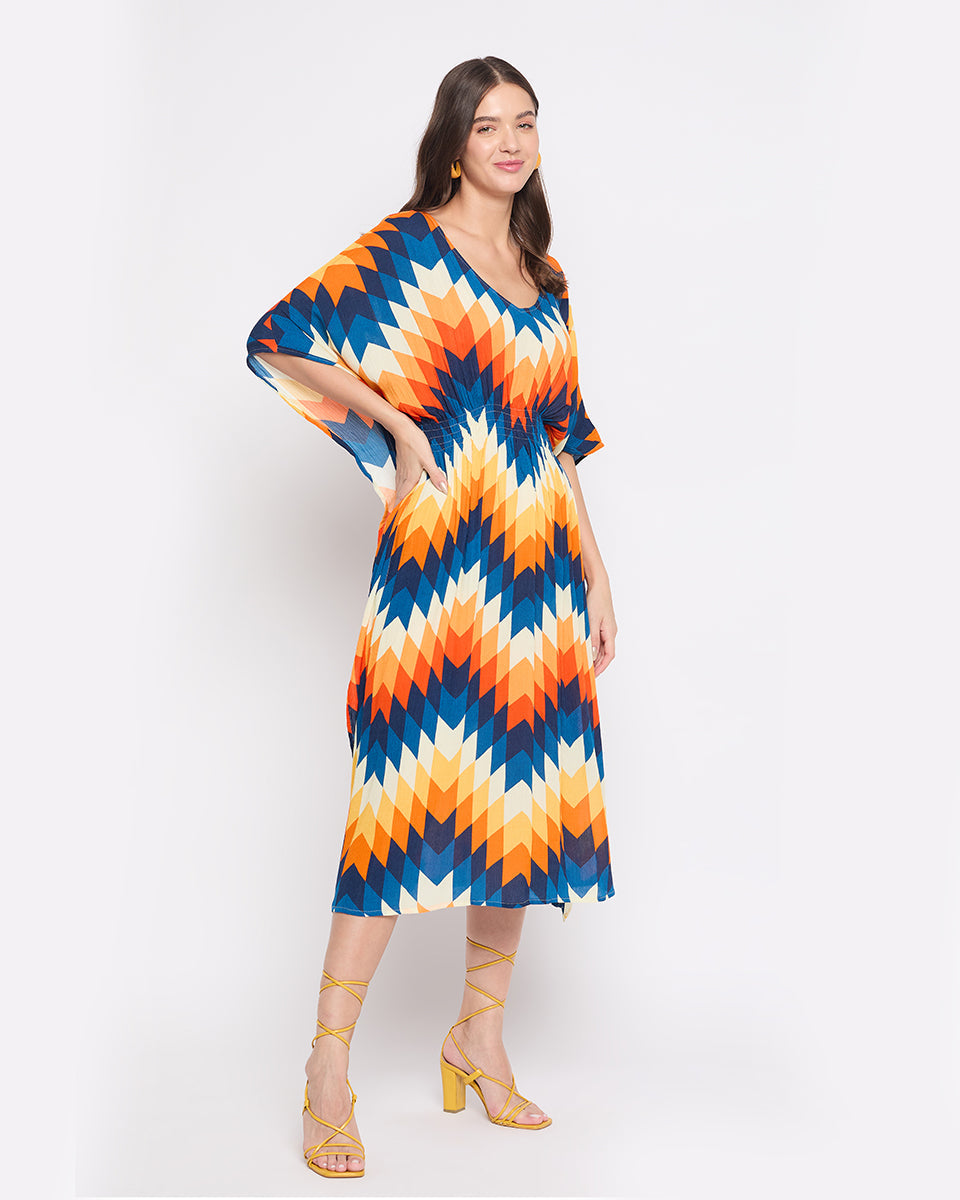Rayon Crepe Multicolor Abstract Print Kaftan Dress For Women