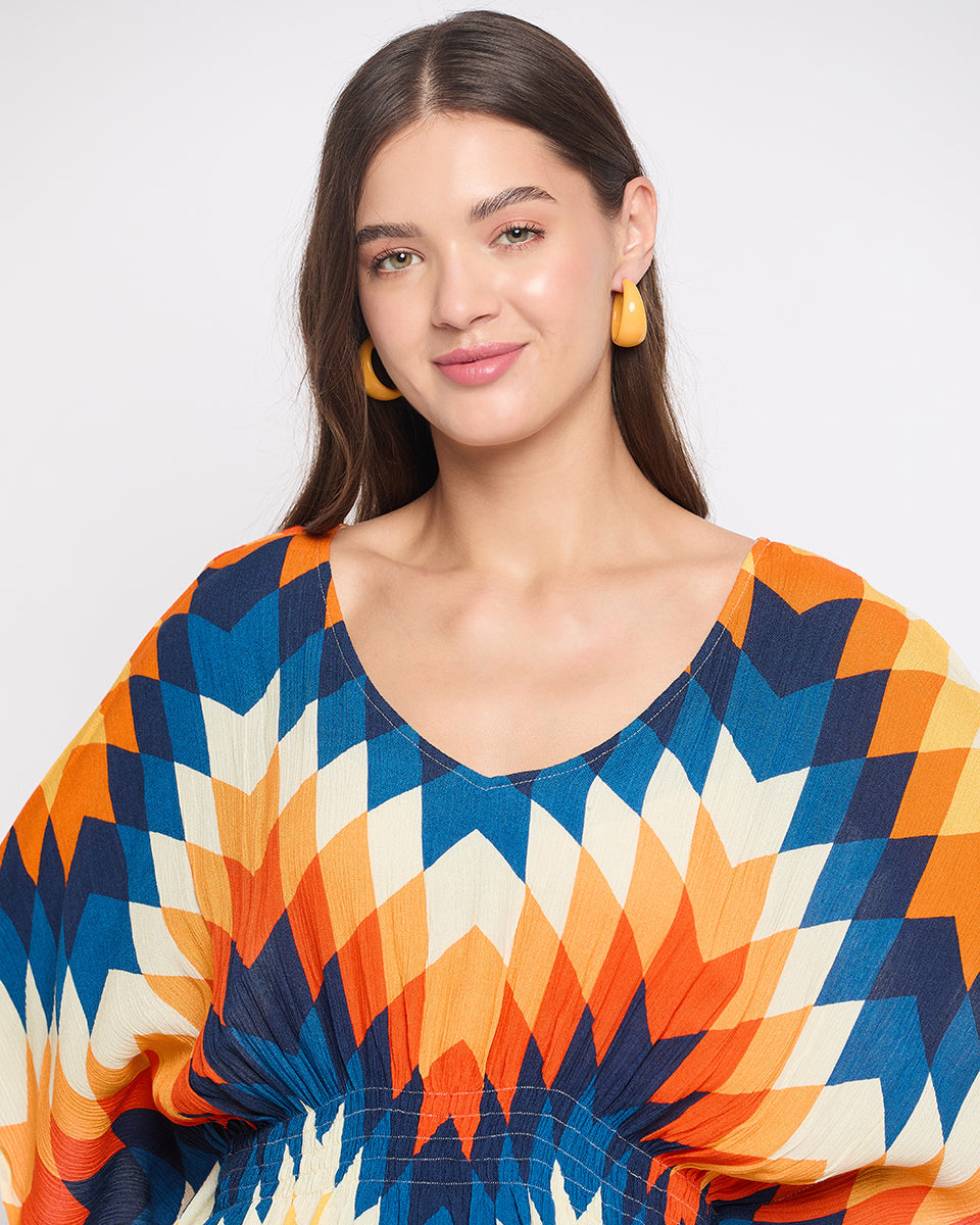 Rayon Crepe Multicolor Abstract Print Kaftan Dress For Women