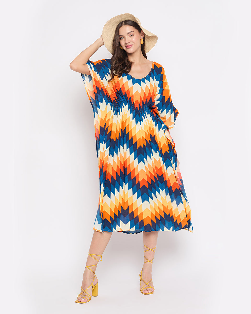 Rayon Crepe Multicolor Abstract Print Kaftan Dress For Women