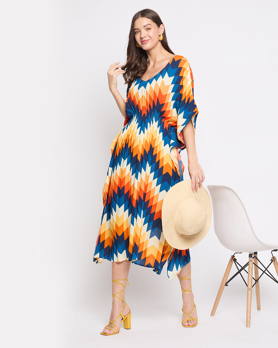 Rayon Crepe Multicolor Abstract Print Kaftan Dress For Women