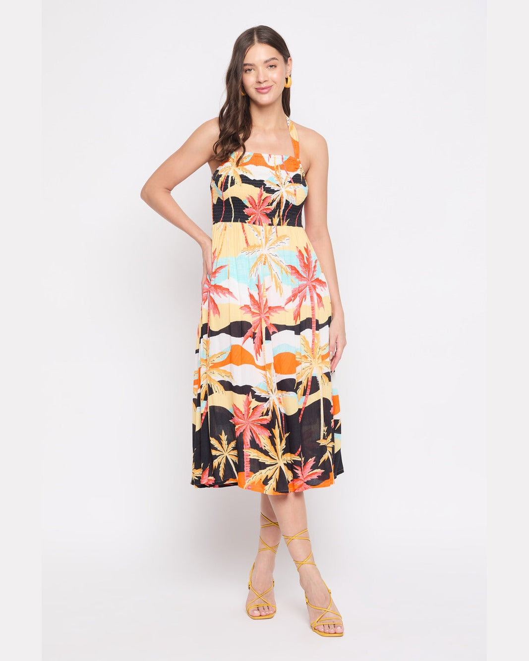 knee length dresses for ladies Rayon Crepe Beach Multicolor Midi Dress for Women L