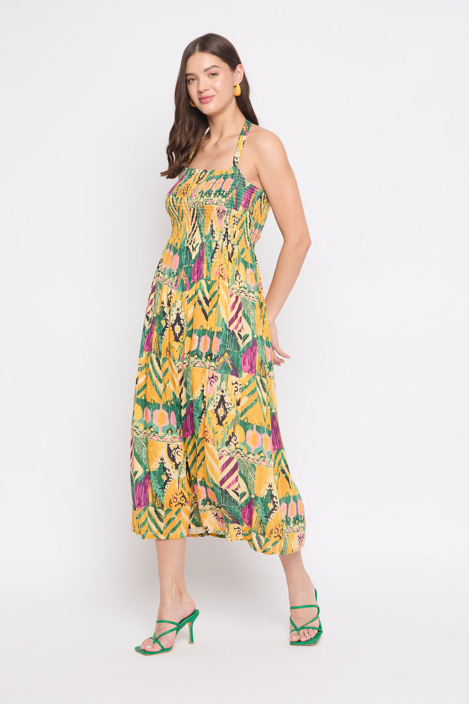Rayon Crepe Yellow Abstract Print Midi Dress For Women