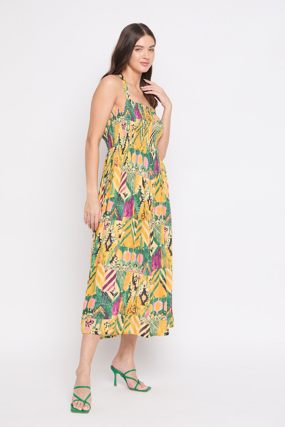 Rayon Crepe Yellow Abstract Print Midi Dress For Women