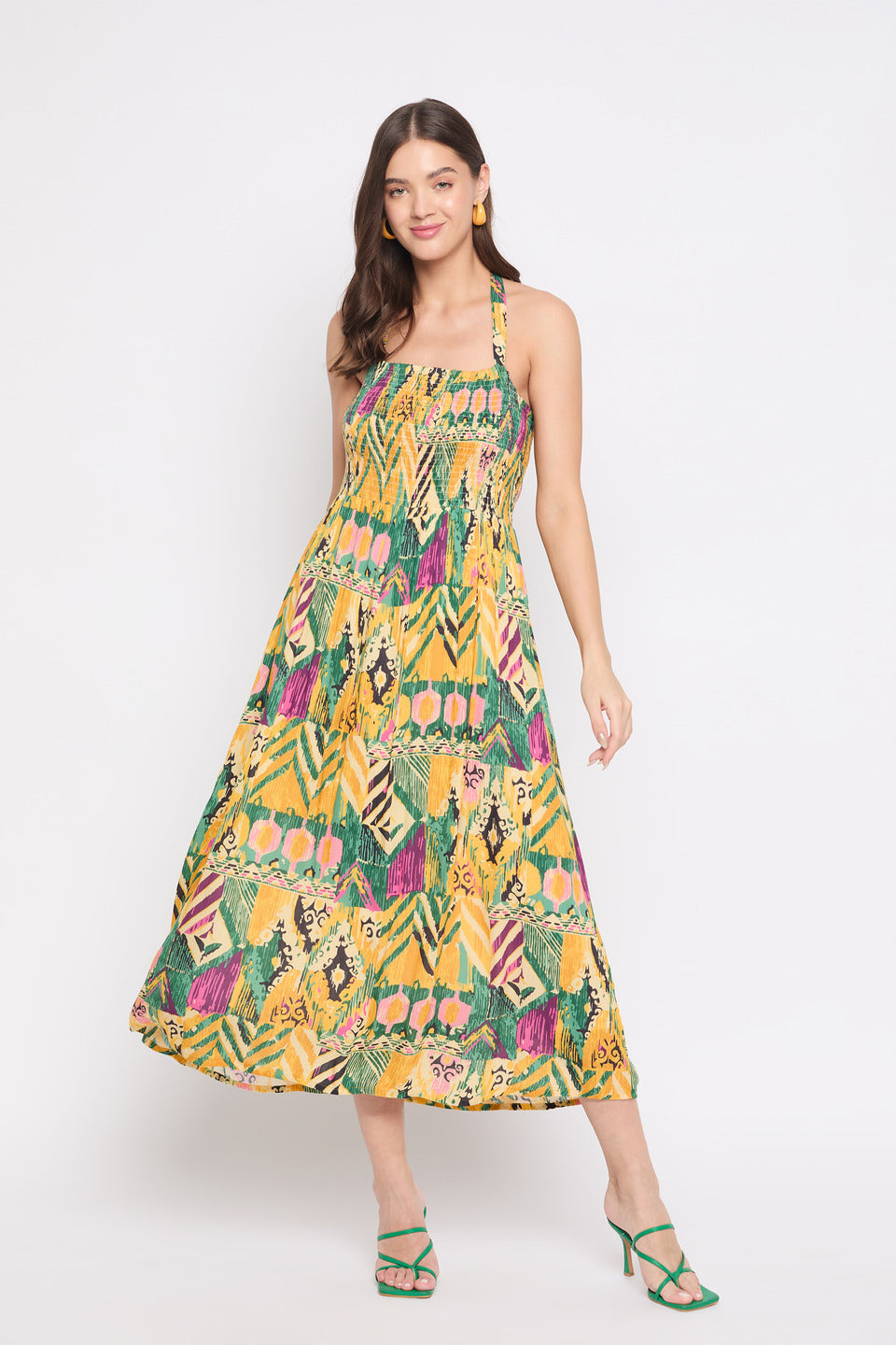 Rayon Crepe Yellow Abstract Print Midi Dress For Women